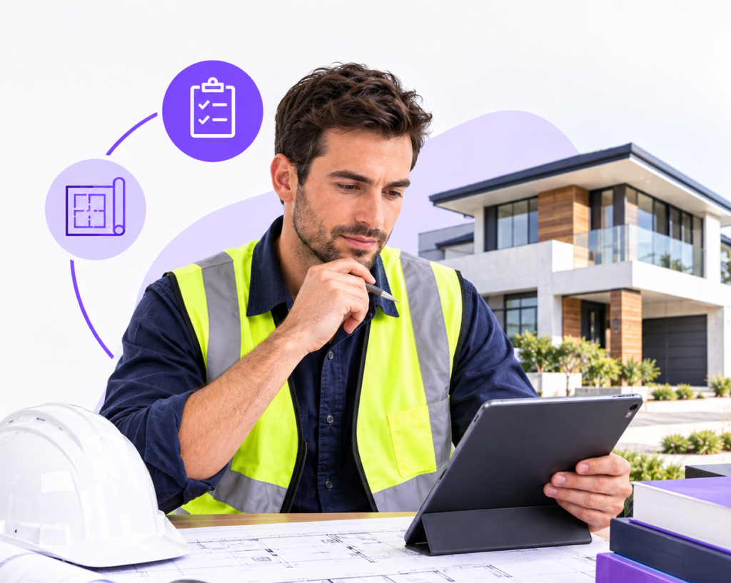 Builder preparing for the Domestic Builder Unlimited exam with construction plans and an online study tablet